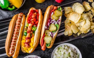 beef hot dogs with selection of toppings - American style