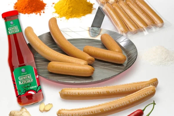 A Plate of VW Currywurst Sausages With Ketchup