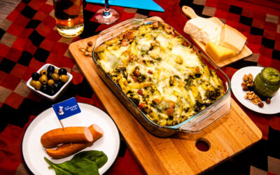 Spinach Pesto Pasta with Cheese Frankfurters