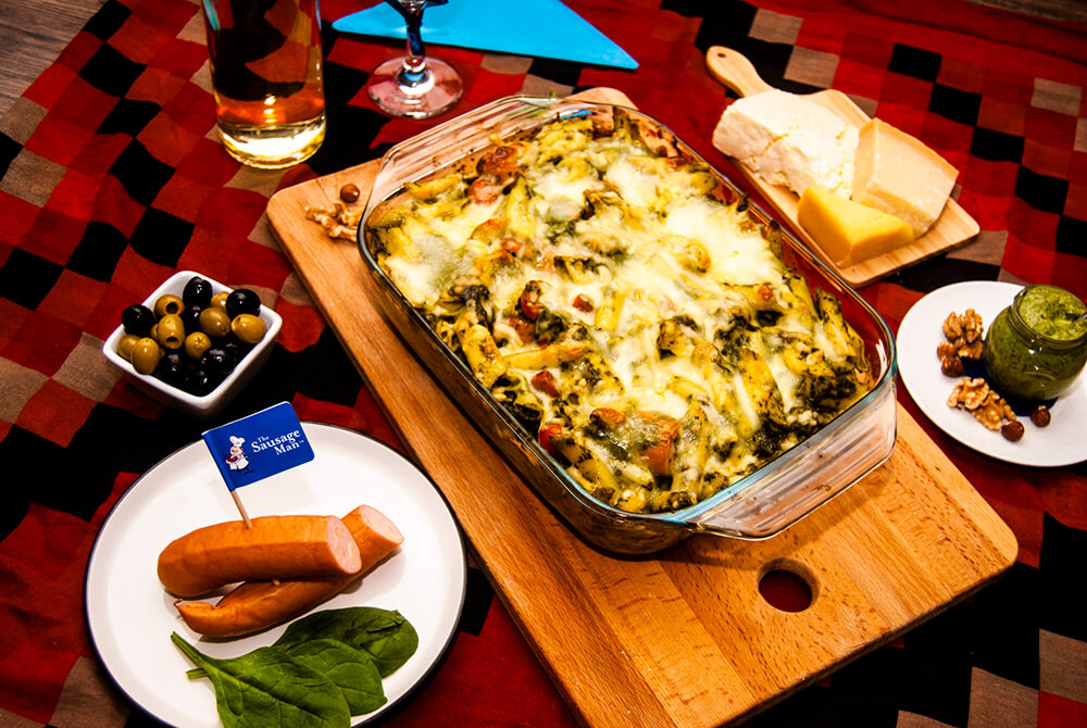 Spinach Pesto Pasta with Cheese Frankfurters The Sausage Man