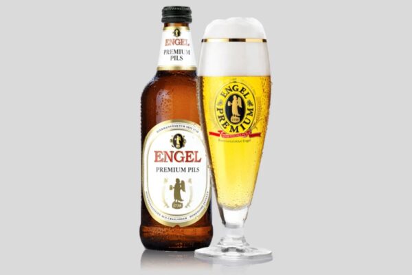 A bottle and glass of Engel Premium Pils German Craft Beer